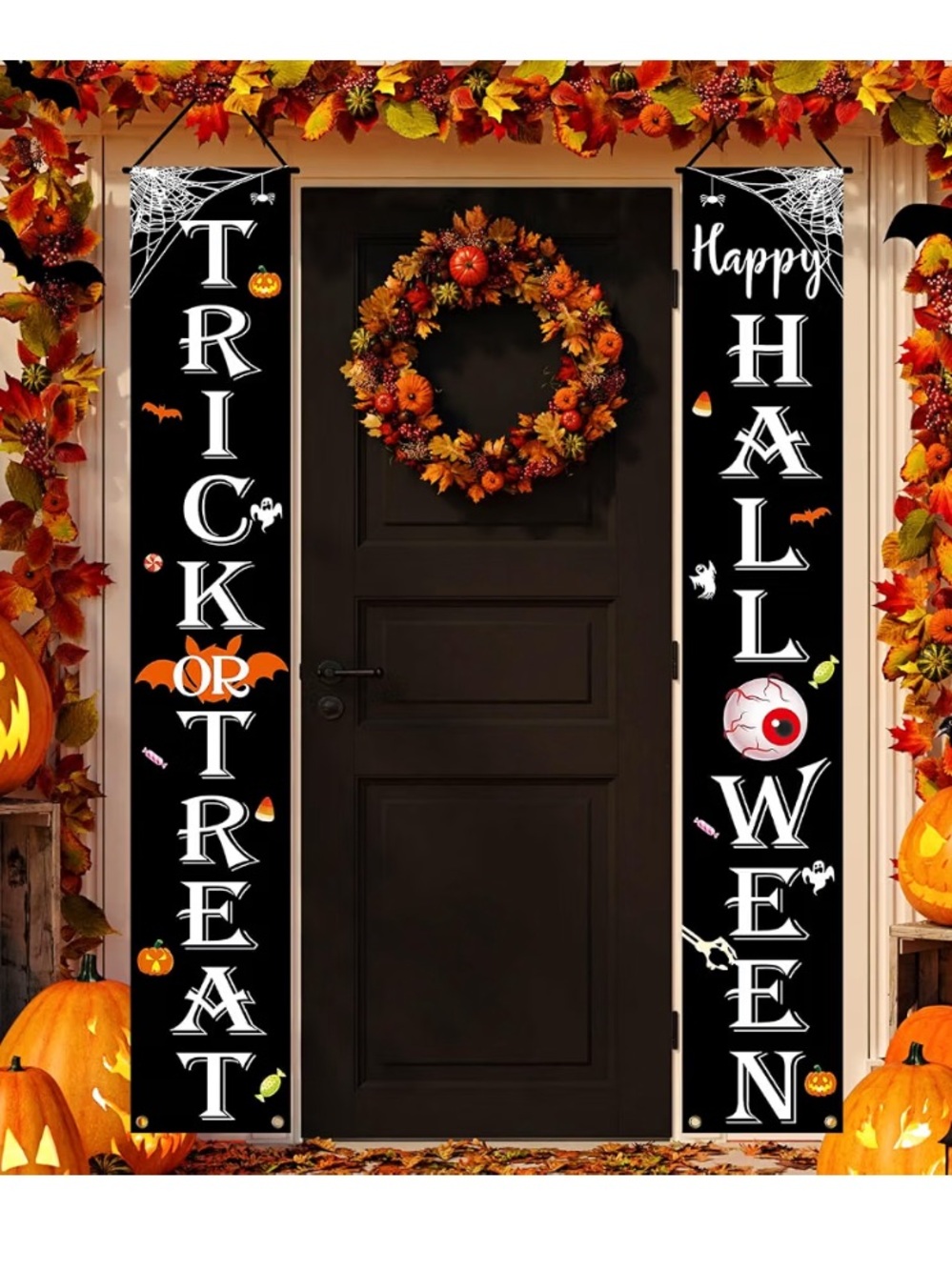 🎃 Black & Orange Halloween Porch Banner Set - Trick or Treat/Happy Halloween NEW